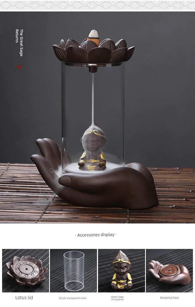 Backflow purple sand ceramic incense burner with glass cover, lotus lid, and Buddha's hand design for zen decoration.