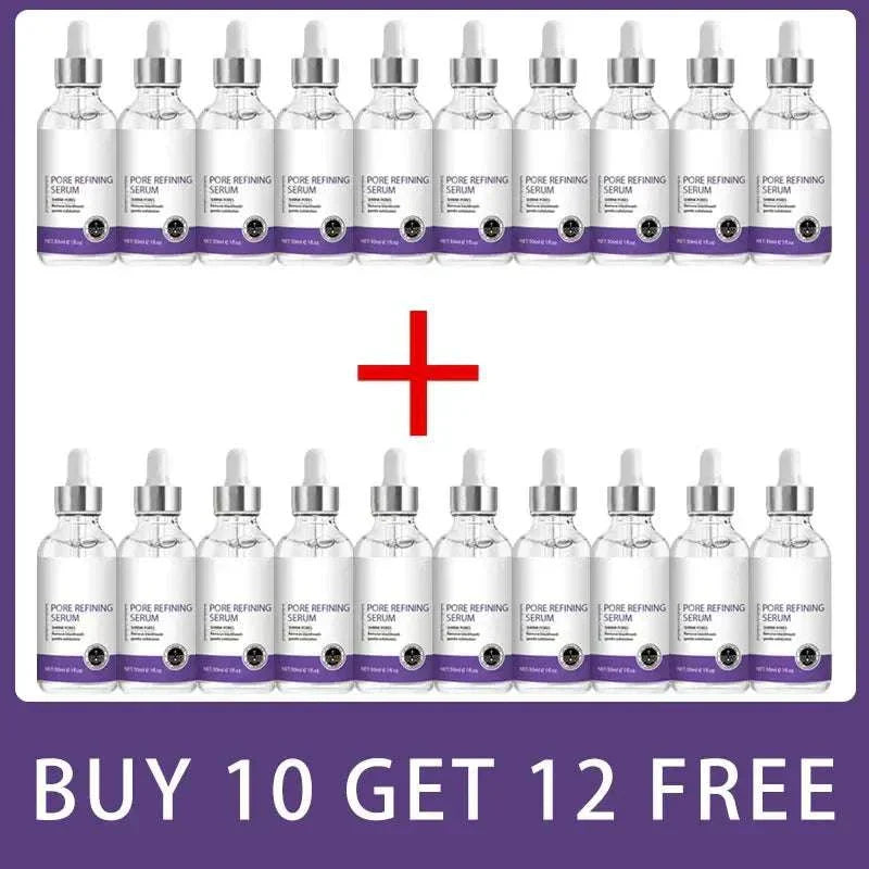 Rows of Eelhoe Pore Refining Serum bottles with a buy 10 get 12 free promotion on a purple background