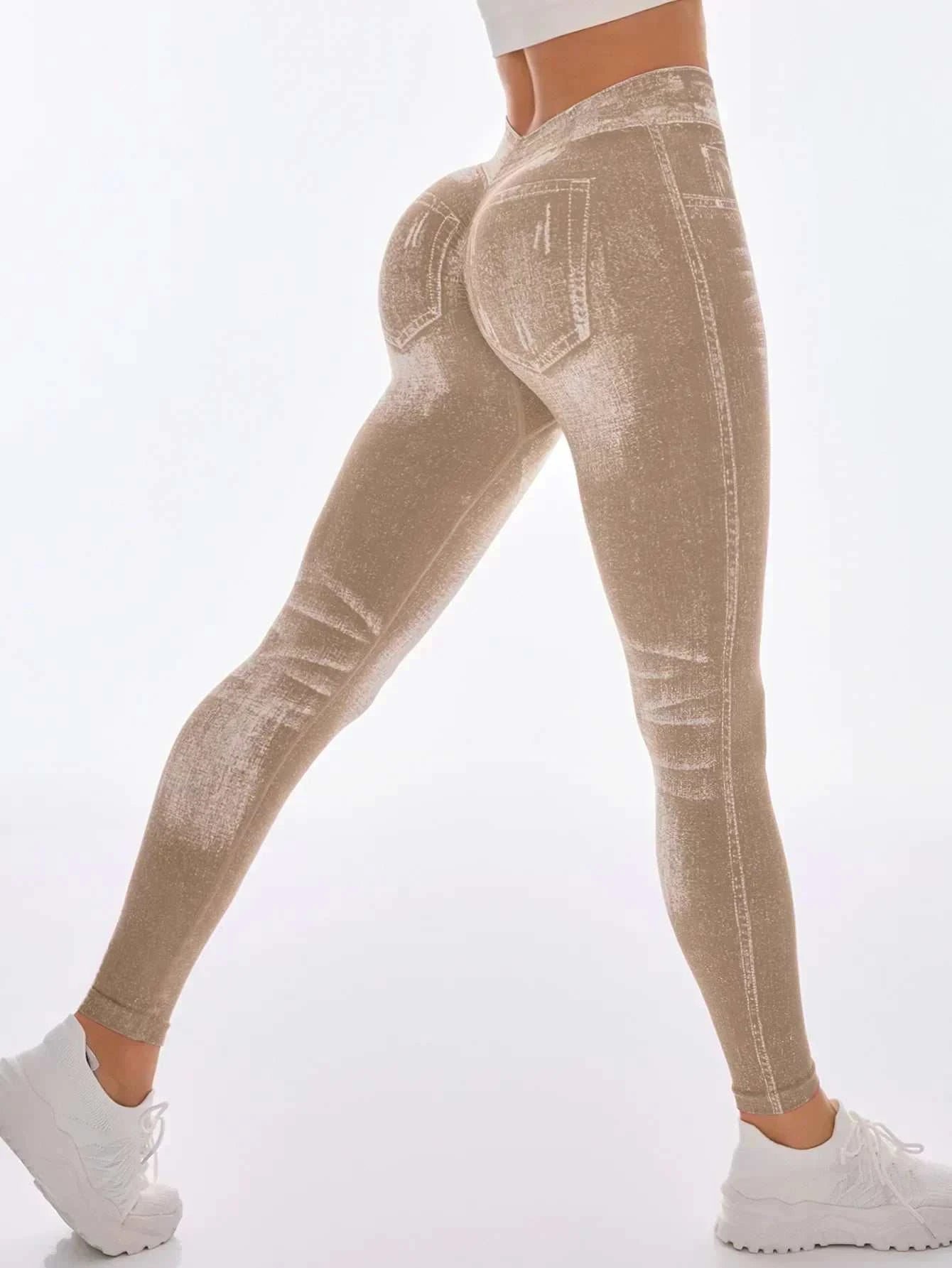 Women’s Athletic Leggings, Seamless Workout Yoga Pants, Faux Denim Look