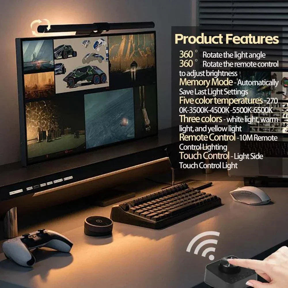 LED Monitor Light Bar with 360-degree rotation, five adjustable color temperatures, remote and touch control for computer screen lighting.