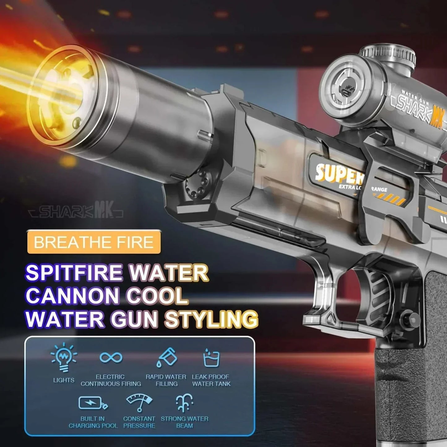 Electric WaterGun with flame spray effect, built-in lights, and high-pressure continuous water stream for kids' outdoor play.