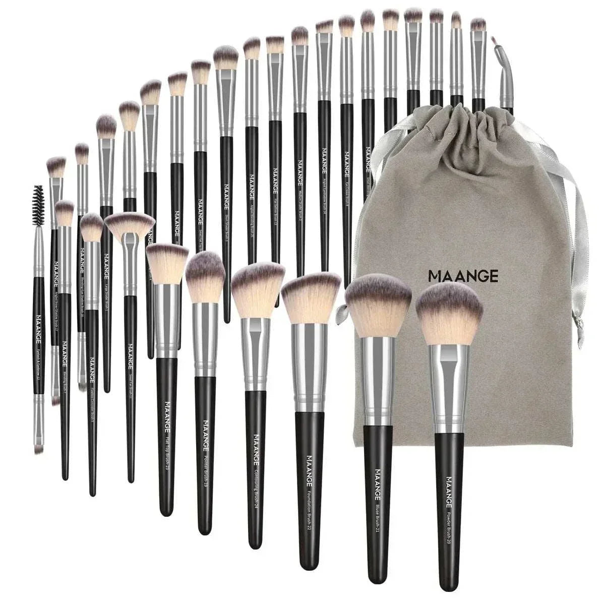 MAANGE 30-piece professional makeup brush set with nylon bristles and black handles, including blending brushes and a gray storage bag.