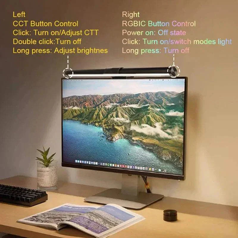 LED Monitor Light Bar mounted on computer screen with touch controls for brightness and RGB lighting modes