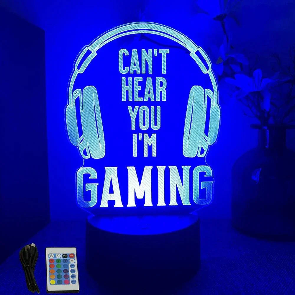 Very bright neon gaming sign with LED lights displaying "Can't Hear You I'm Gaming" and colorful remote control on wooden base