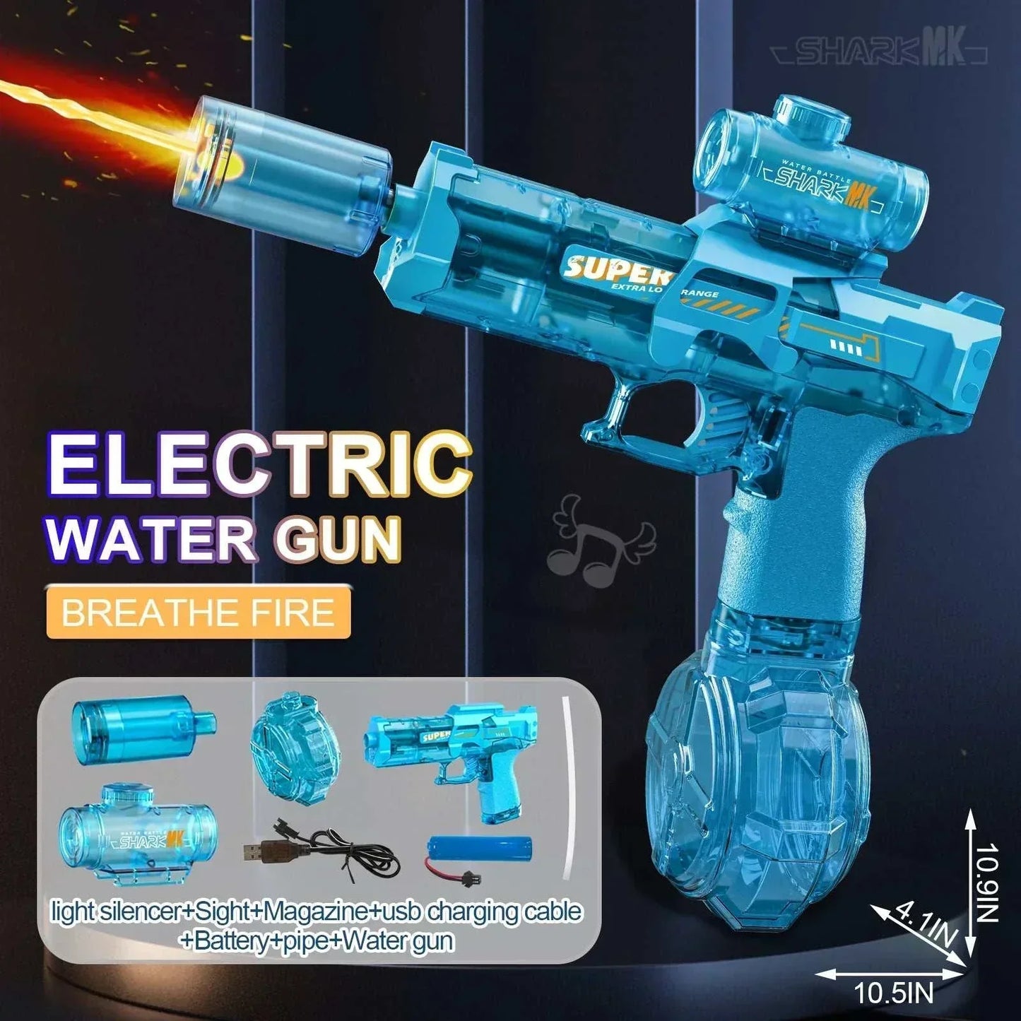 Blue Electric WaterGun with flame effect, built-in light, high-pressure continuous spray, and USB charging accessories for outdoor kids' play.