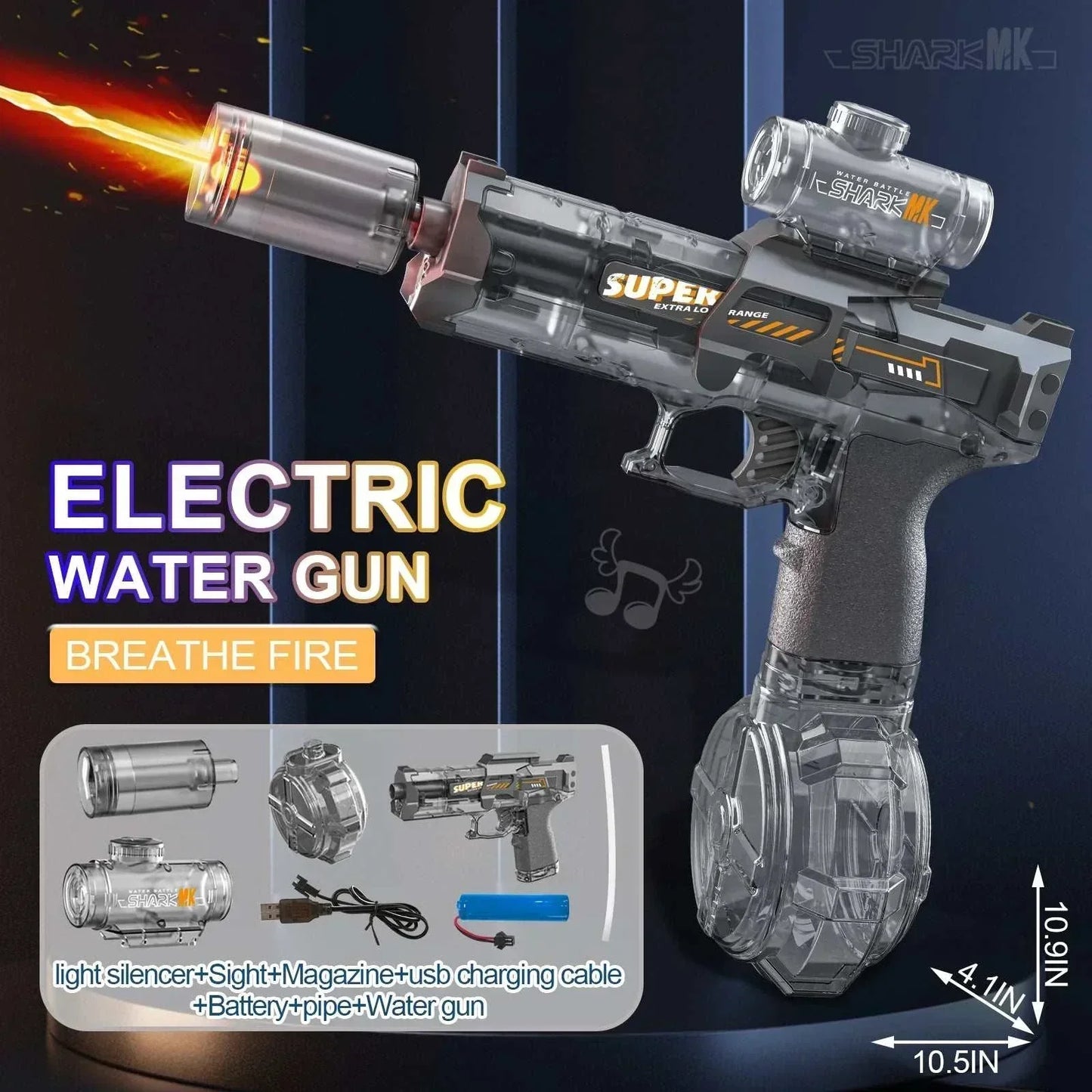 High-pressure Electric WaterGun with flame light effect and battery-powered continuous spray for outdoor kids' play