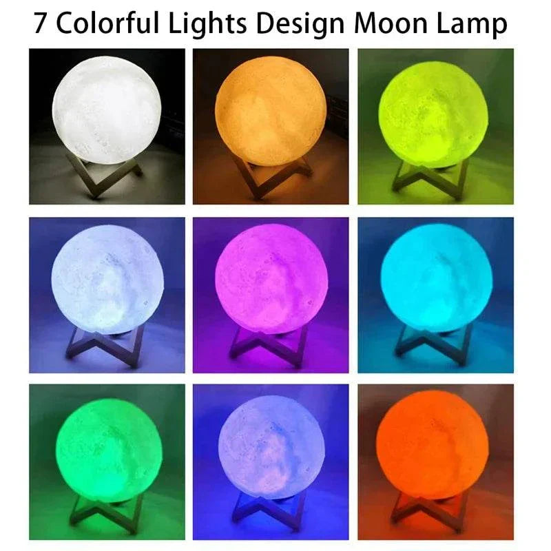 Cosmic Moon LED book light with wooden stand showing 7 colorful light modes including warm white, yellow, green, purple, blue, cyan, and orange.