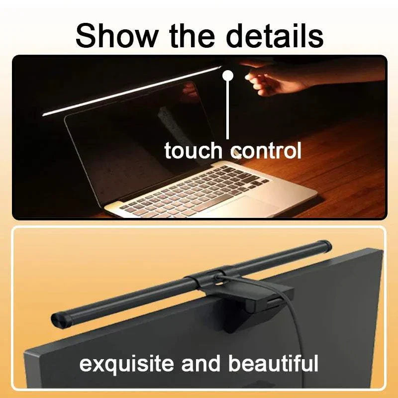 LED monitor light bar with touch control mounted on computer screen, slim and adjustable design, 44cm length, RGB and non-RGB options available.