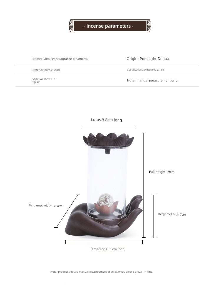 Backflow purple sand incense burner with glass lotus and Buddha's hand design in new classical style ceramic decoration