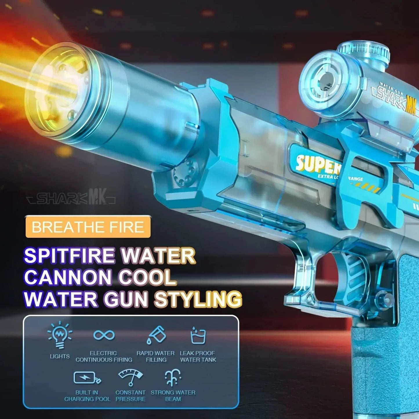 Blue Electric WaterGun with light and flame spray effect, high-pressure continuous water stream toy for outdoor kids play
