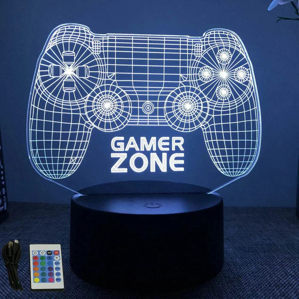 Very bright neon gaming sign shaped like a 3D LED game controller with "Gamer Zone" text, touch control, and remote.