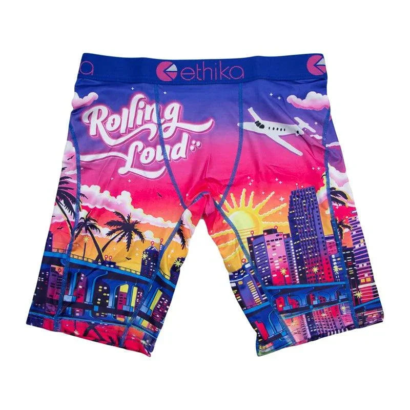 Colorful ETHIKA men’s breathable boxer shorts with cityscape and airplane print, plus size up to XXL