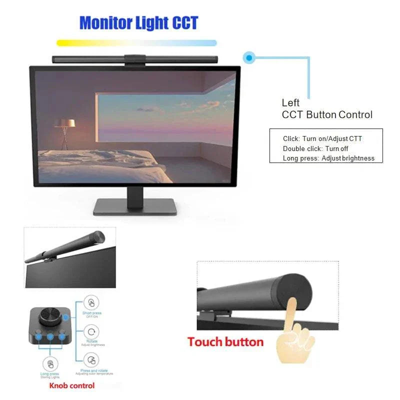 44cm LED Monitor Light Bar with RGB and non-RGB versions, touch and knob controls for brightness and color temperature adjustments, designed for eye protection and atmosphere lighting on computer screens
