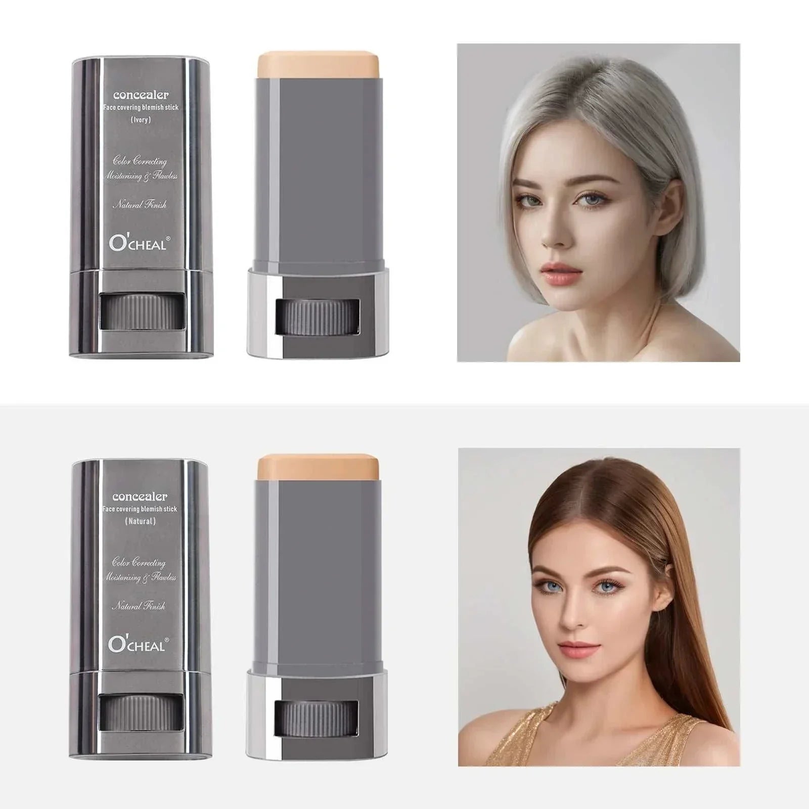 Ocheal Face Foundation contour stick with lightweight, long-wear concealer in two shades shown alongside models with flawless makeup.