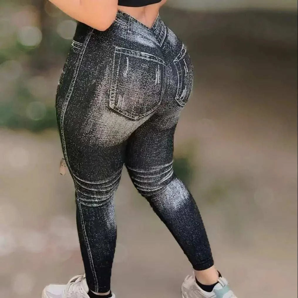 Women’s Athletic Leggings, Seamless Workout Yoga Pants, Faux Denim Look