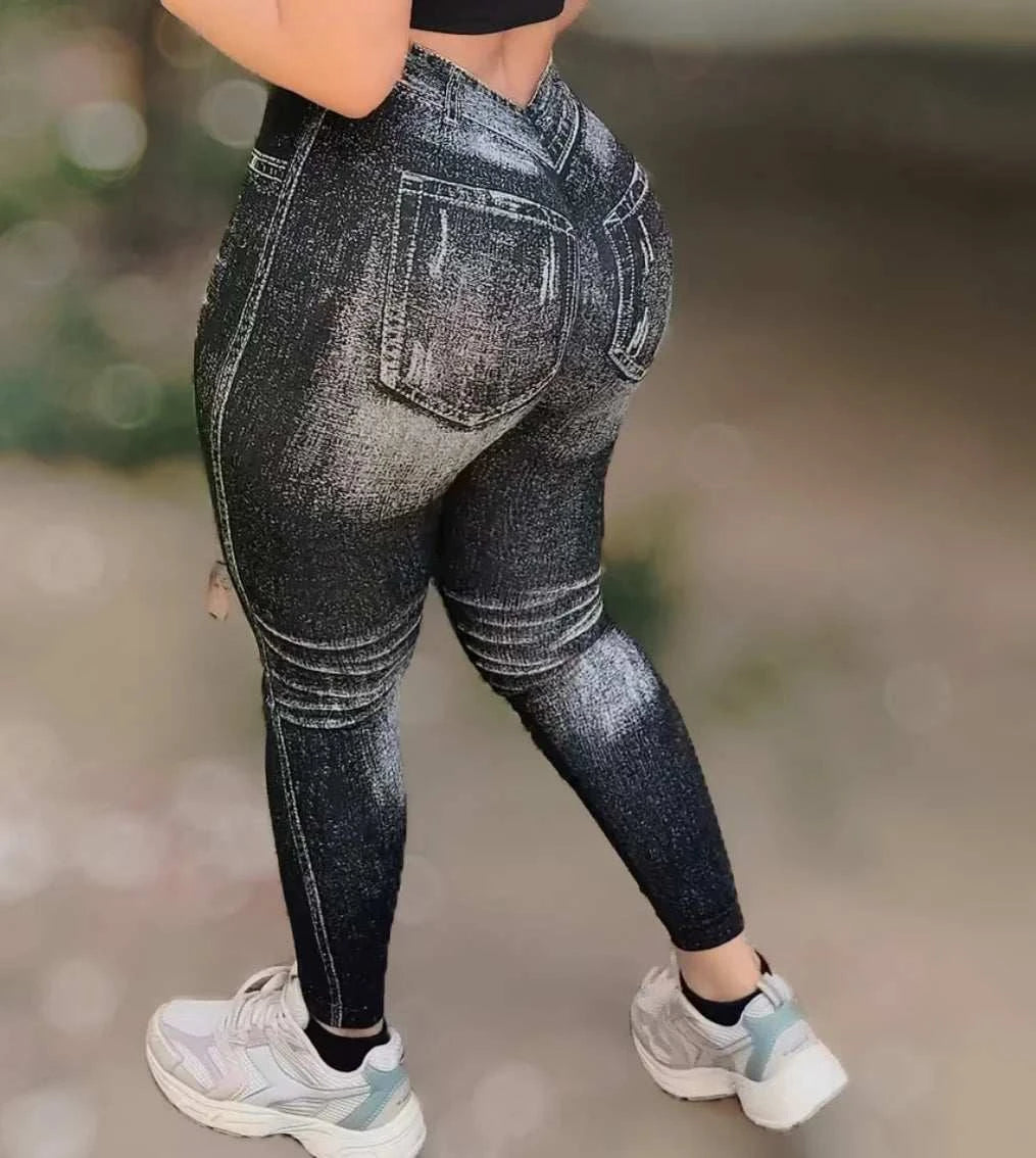 Women’s Athletic Leggings, Seamless Workout Yoga Pants, Faux Denim Look