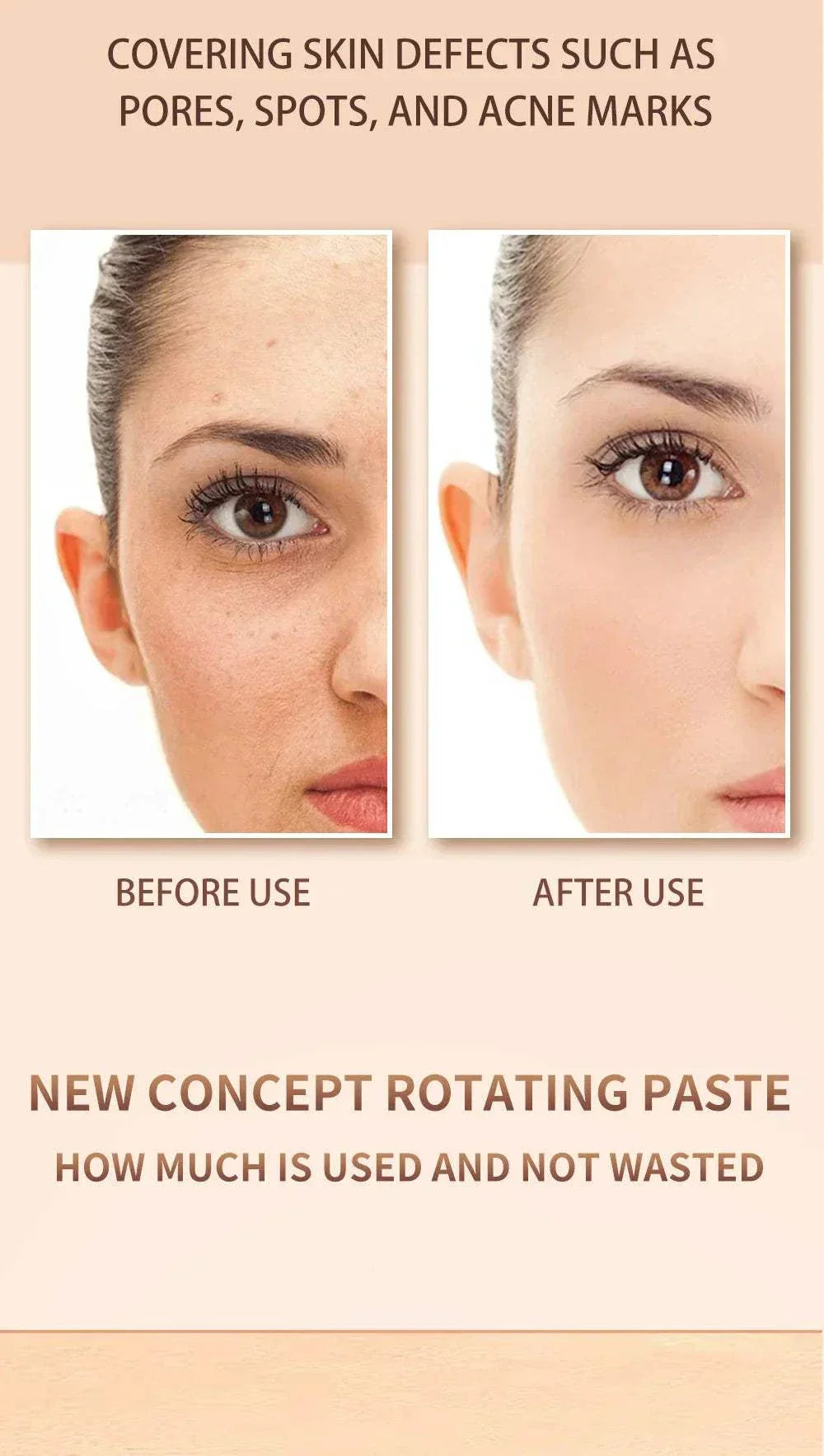 Ocheal Face Foundation contour stick showing before and after results covering pores, spots, and acne marks with lightweight, long-wear concealer.