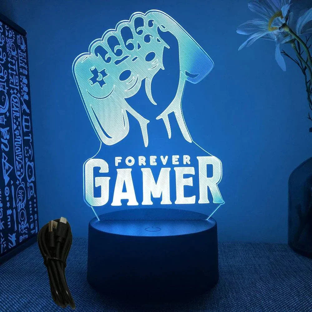 Very bright neon gaming sign LED lamp with "Forever Gamer" text and game controller design on wooden base with USB cable.