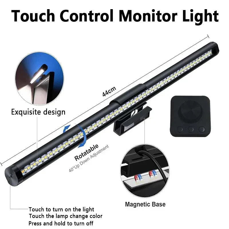 44cm LED monitor light bar with touch control, rotatable design, and magnetic base for easy attachment and color adjustment.