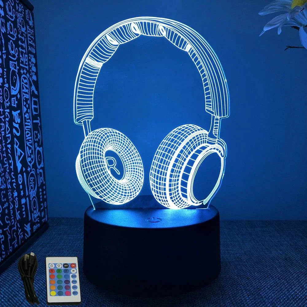 Very bright neon 3D lamp LED gaming sign shaped like headphones with remote control and USB cable.