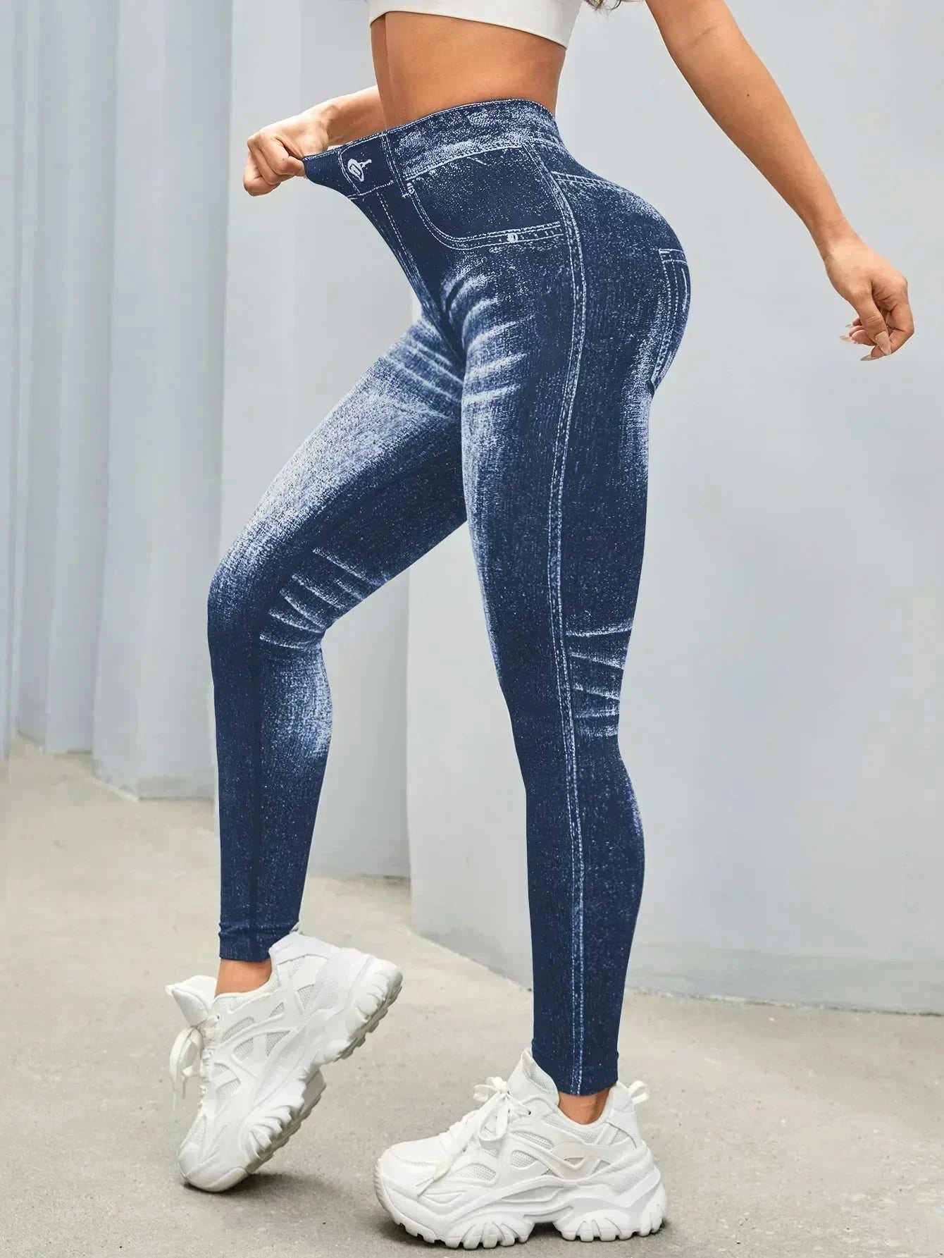 Women’s Athletic Leggings, Seamless Workout Yoga Pants, Faux Denim Look