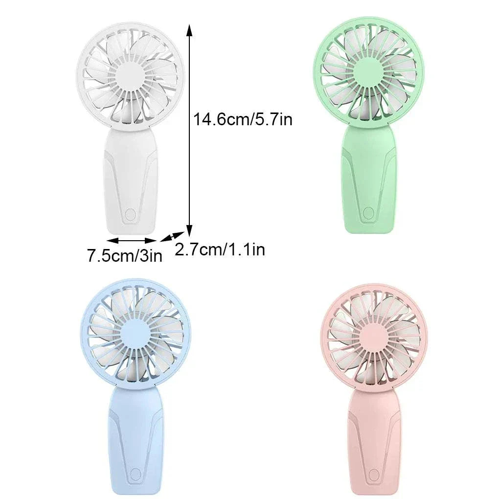 Cute portable handheld USB rechargeable fan in white, green, blue, and pink, compact and lightweight for on-the-go cooling with three-speed settings and quiet operation.