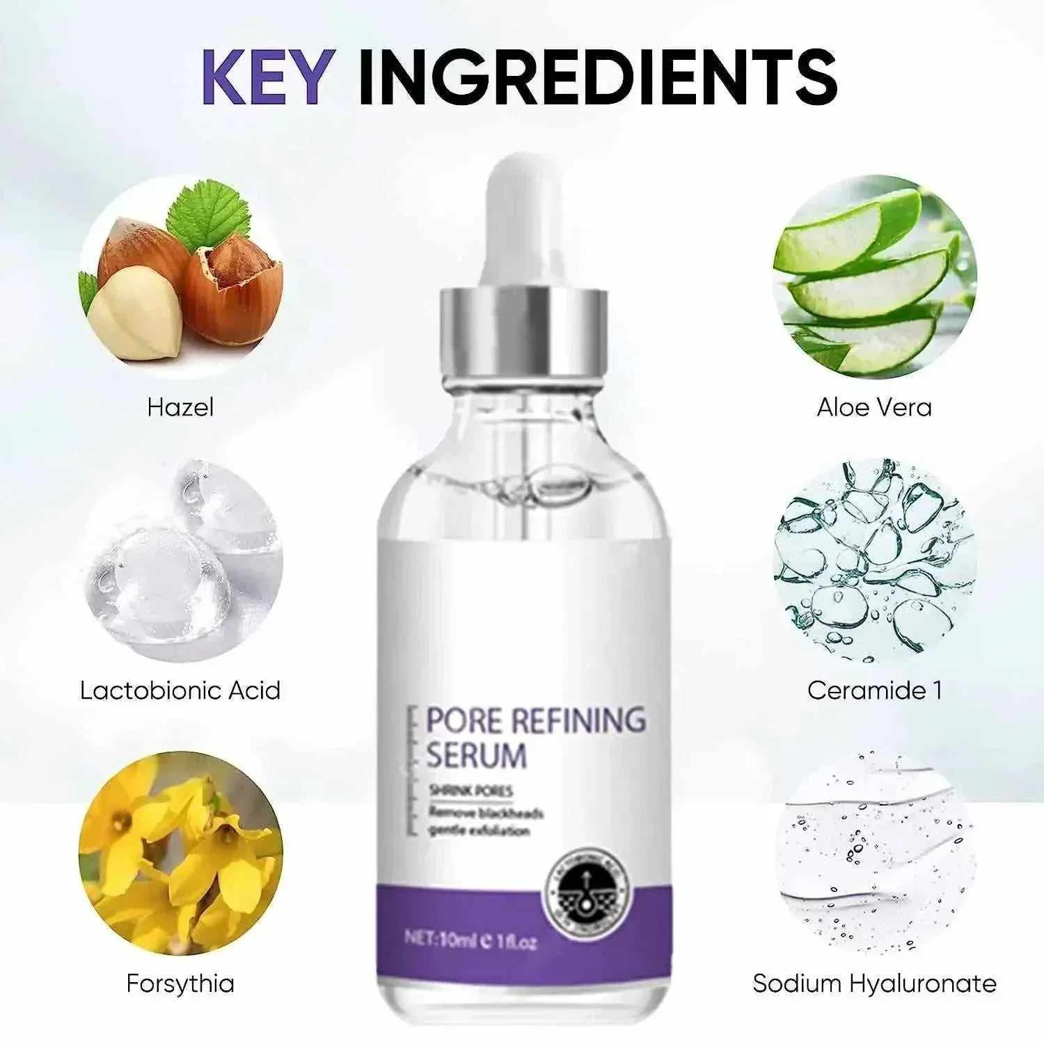 Eelhoe pore shrinking serum with key ingredients hazel, aloe vera, lactobionic acid, ceramide 1, forsythia, and sodium hyaluronate for pore refining and facial tightening