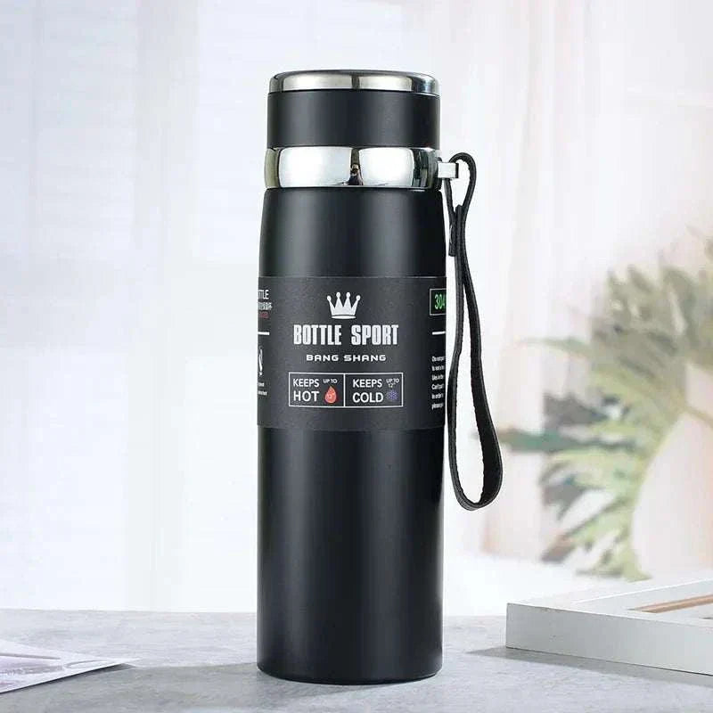Black 1-liter stainless steel thermal water bottle with strap, keeps beverages hot or cold for 6-12 hours