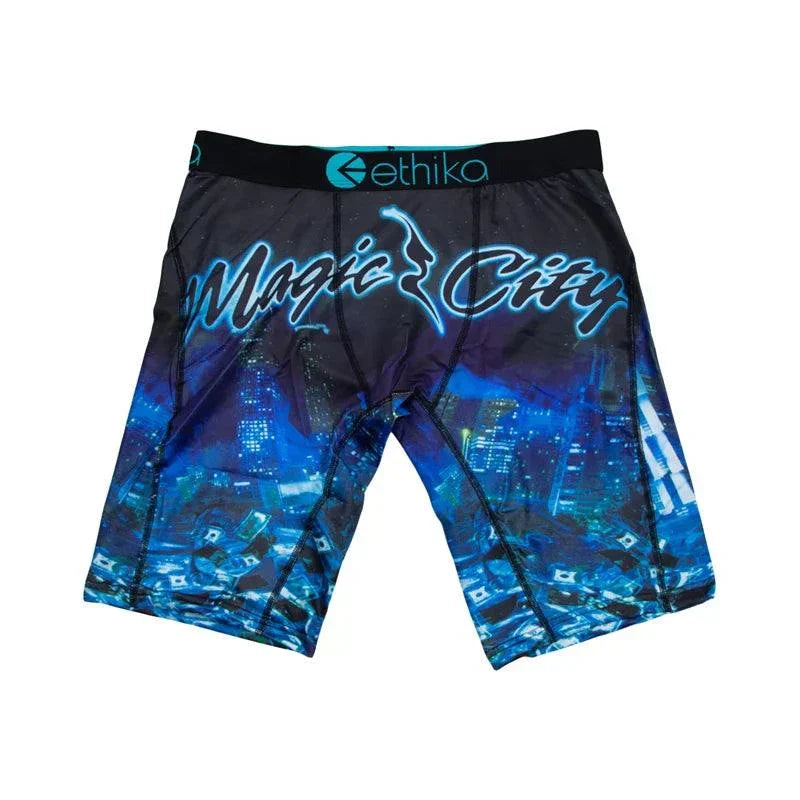 ETHIKA men’s breathable boxer shorts with Magic City print in blue and black, plus size up to XXL