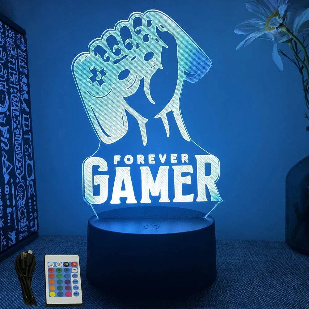 Very bright neon gaming sign with LED 3D lamp displaying "Forever Gamer" and hand holding controller, touch and remote control, multiple color options.