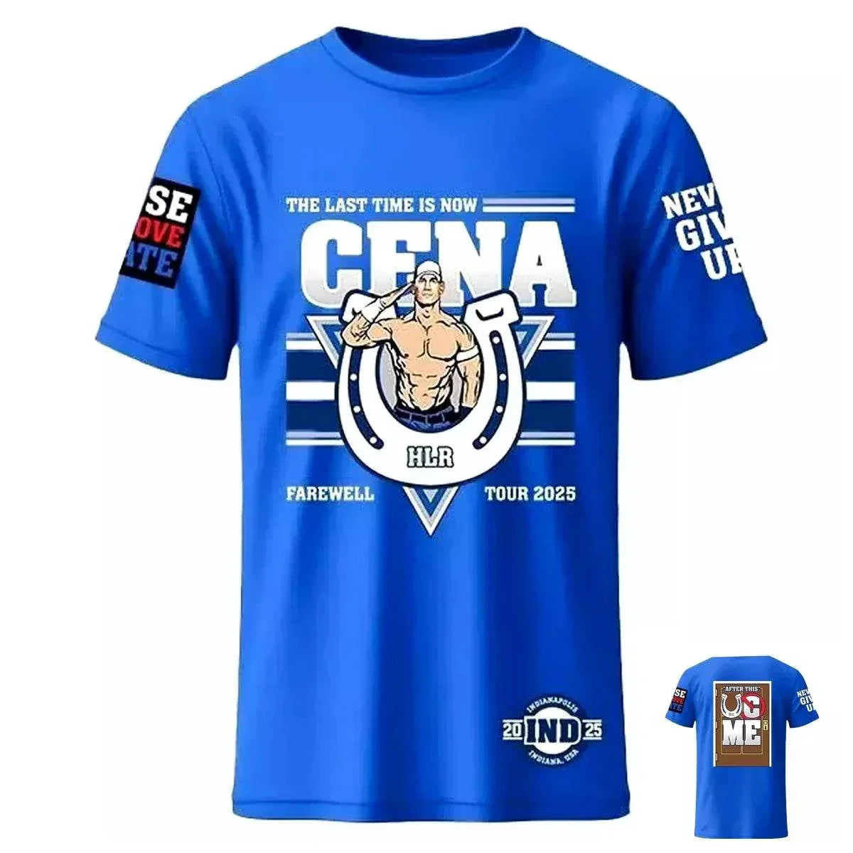 Blue cotton John Cena Farewell Tour 2025 Indianapolis casual T-shirt with graphic print and motivational text.