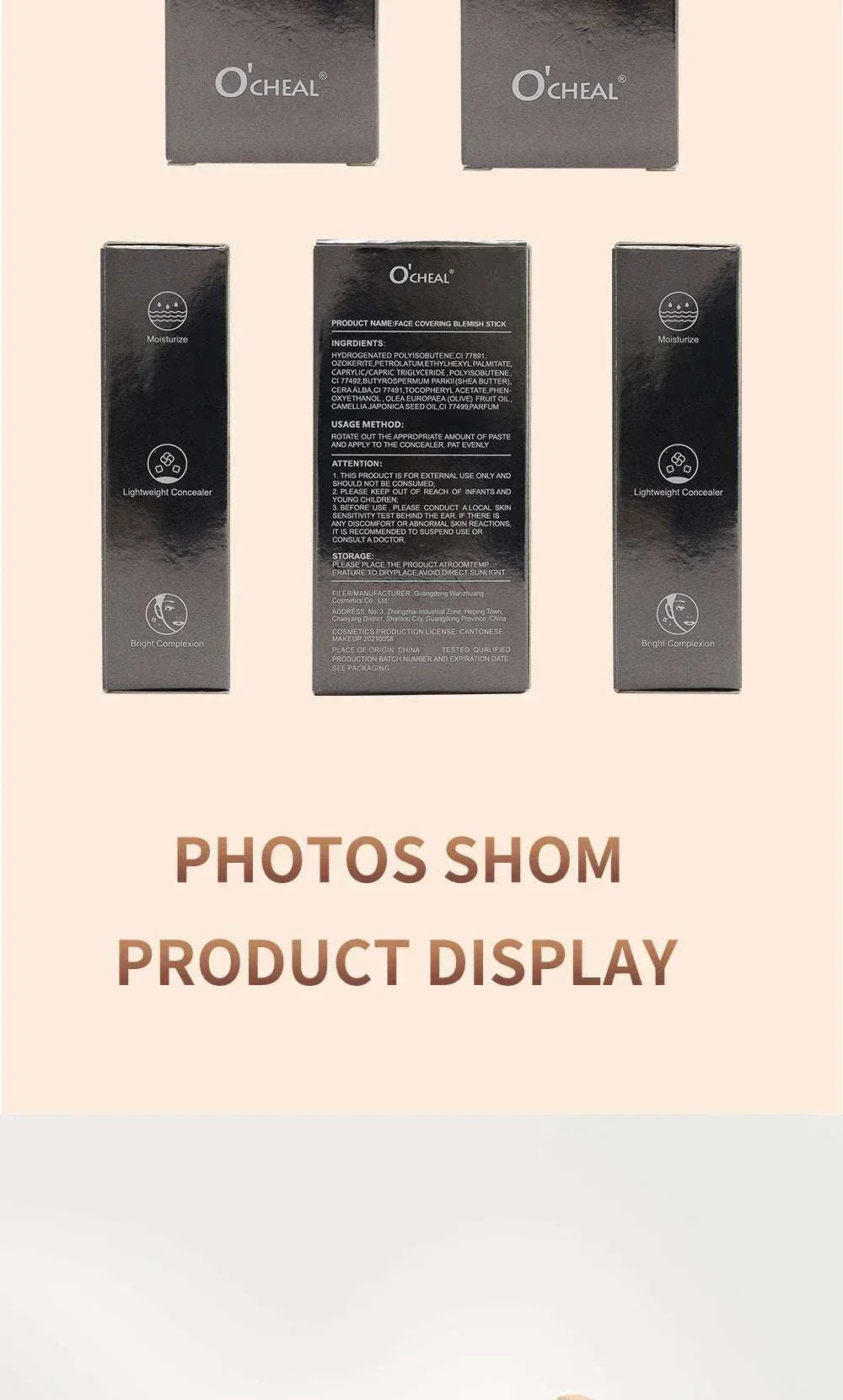 Ocheal Face Foundation contour stick packaging with waterproof, lightweight concealer in black boxes displayed on beige background