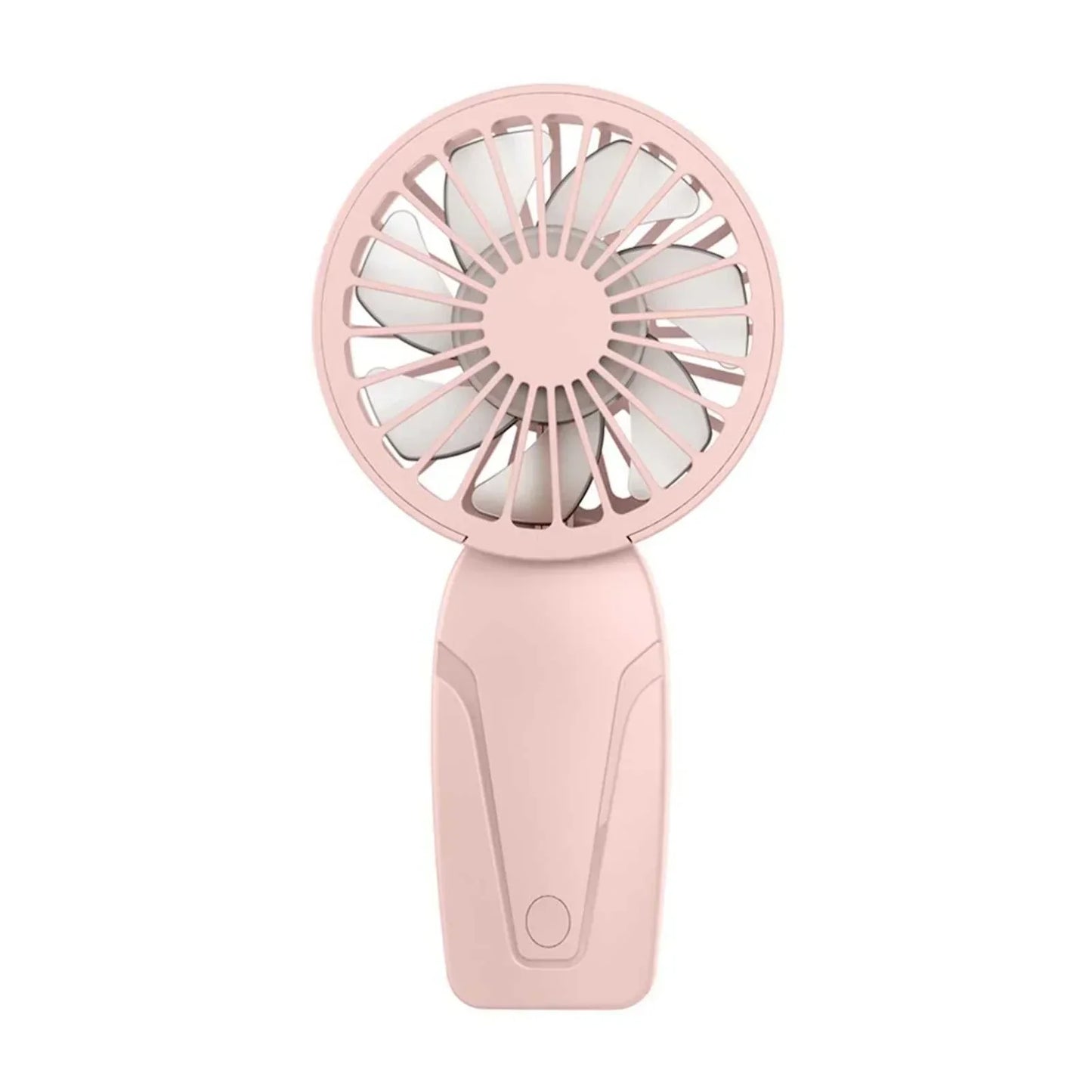 Cute portable handheld USB rechargeable fan in pink, compact and lightweight for on-the-go cooling with three-speed settings and quiet operation.
