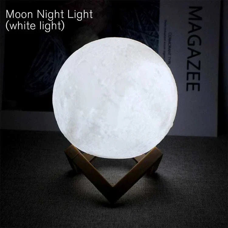 Cosmic Moon LED book light with white glowing moon design on wooden stand for bedroom decoration and gift
