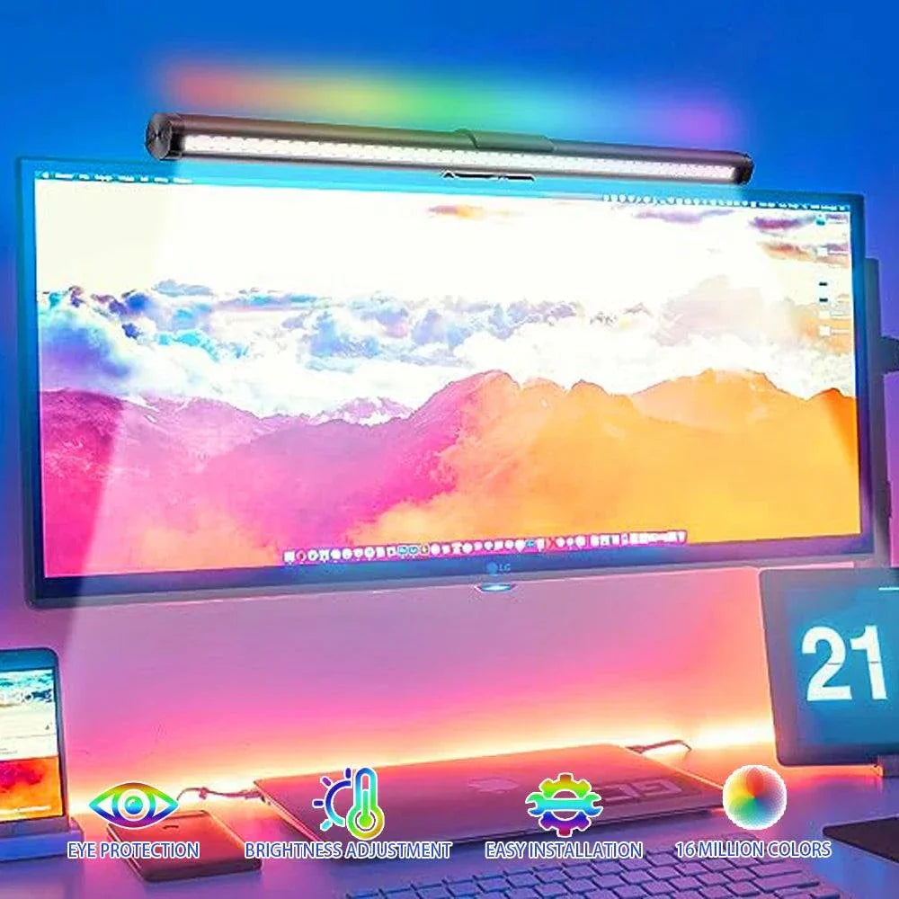 44cm LED Monitor Light Bar with RGB atmosphere lighting mounted on computer screen for eye protection and adjustable brightness