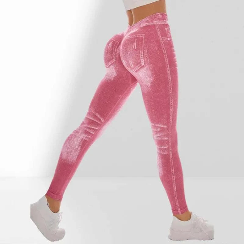Women’s Athletic Leggings, Seamless Workout Yoga Pants, Faux Denim Look