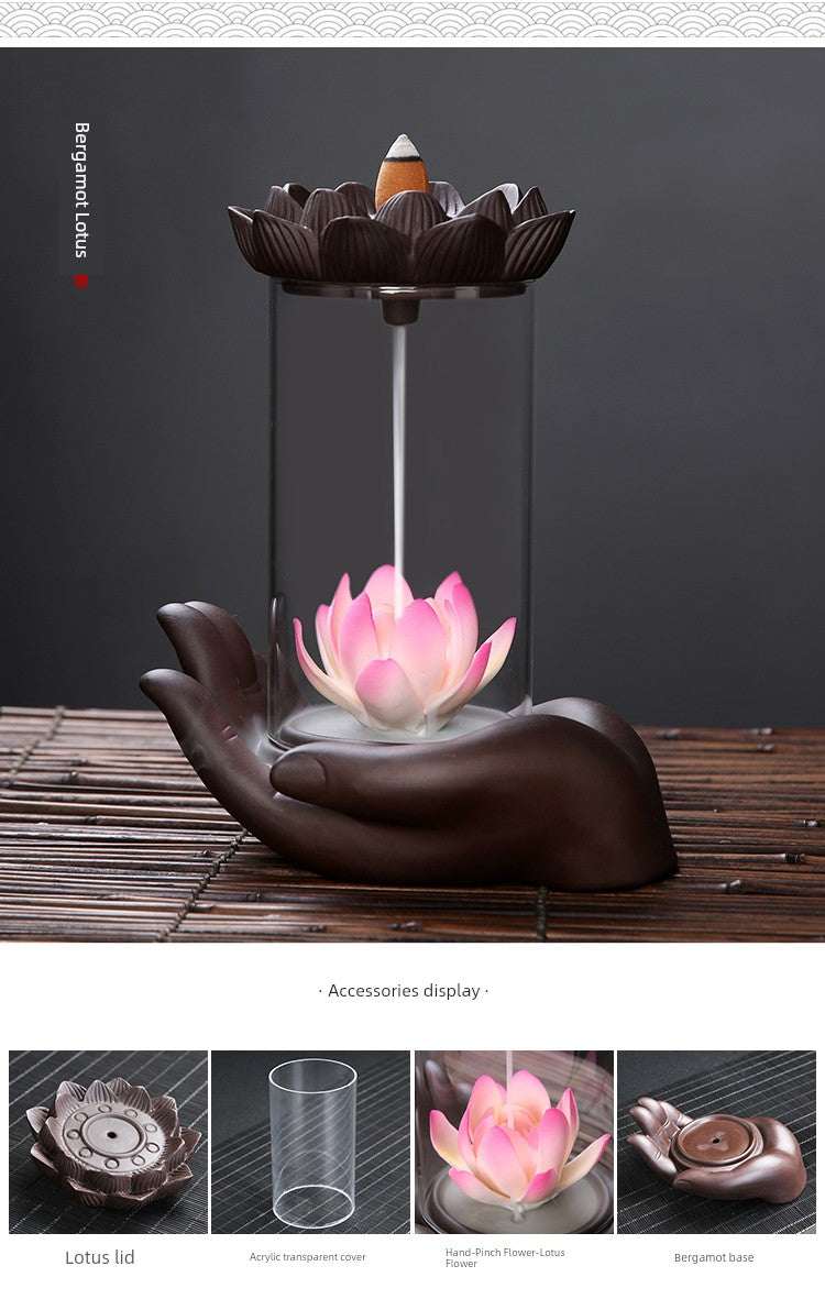 Backflow Purple Sand incense burner with lotus flower and Buddha hand ceramic design