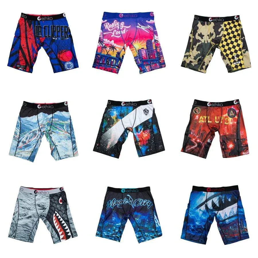 Collection of nine ETHIKA men underwear boxer shorts in various colorful and printed designs, breathable and plus size up to XXL.