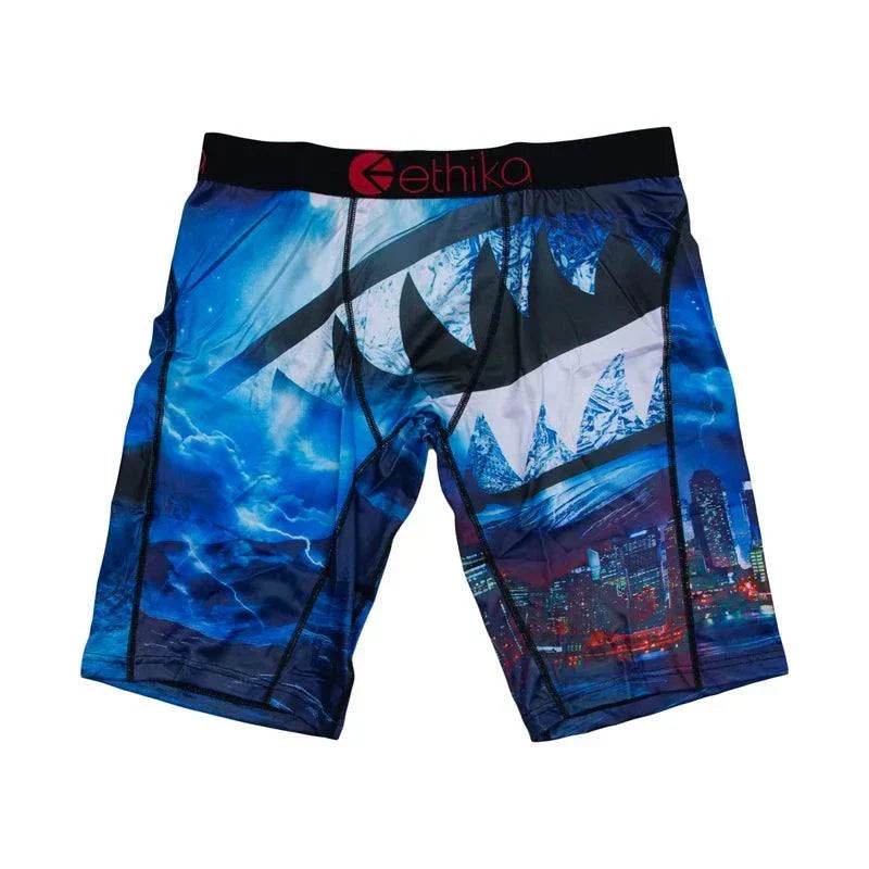 ETHIKA men underwear breathable boxer shorts with blue cityscape and shark print design, plus size up to XXL