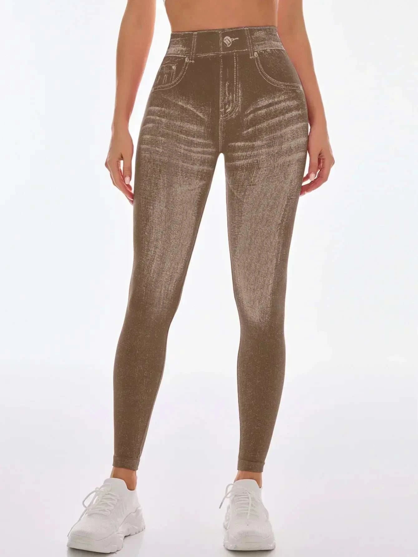 Women’s Athletic Leggings, Seamless Workout Yoga Pants, Faux Denim Look