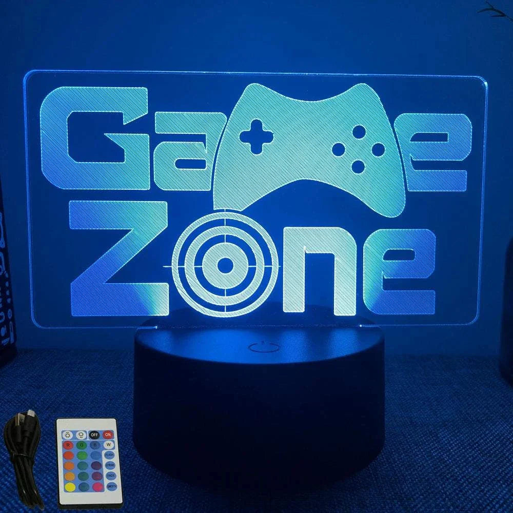 Very bright neon gaming sign with LED 3D lamp, remote control, and multiple color options on acrylic panel and wood base.