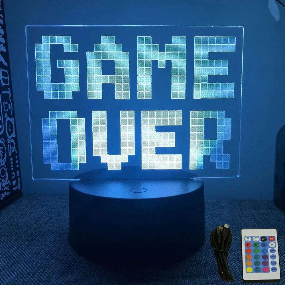 Very bright neon gaming sign with "GAME OVER" text, LED 3D lamp with remote control and USB cable.