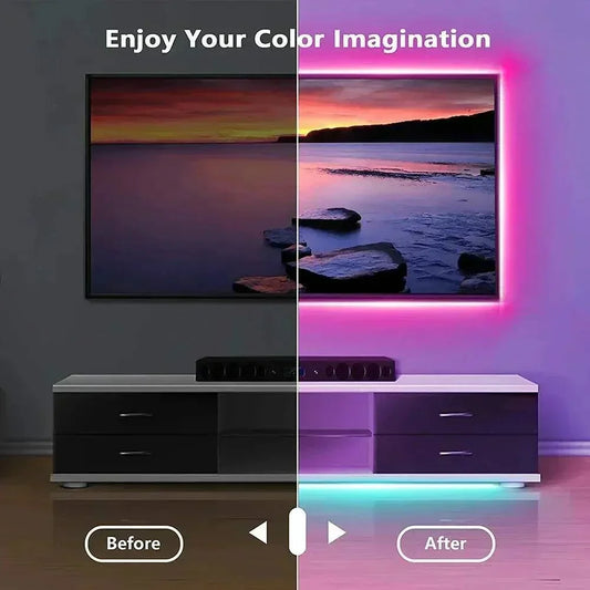 LED Light Strip USB LED strip lights 5050 with bright multicolor options behind TV and under cabinet lighting before and after effect