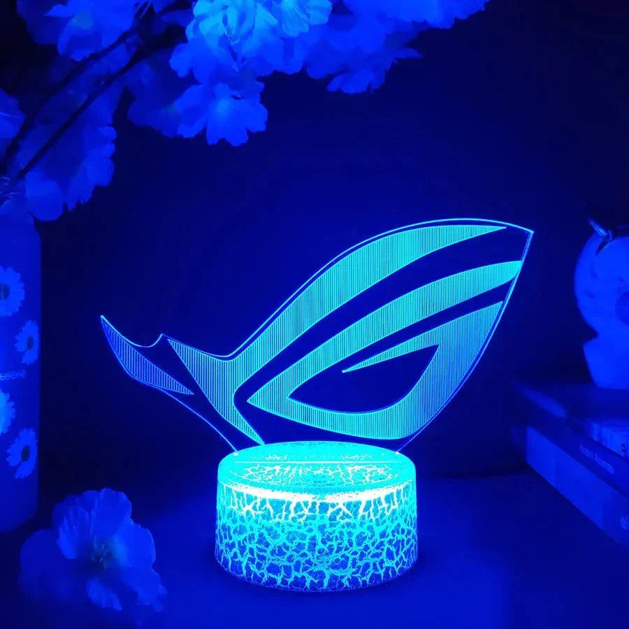 ROG 3D LED Lamp with crack pattern lava lamp base in blue light, gaming logo night light with 7 color touch mode.