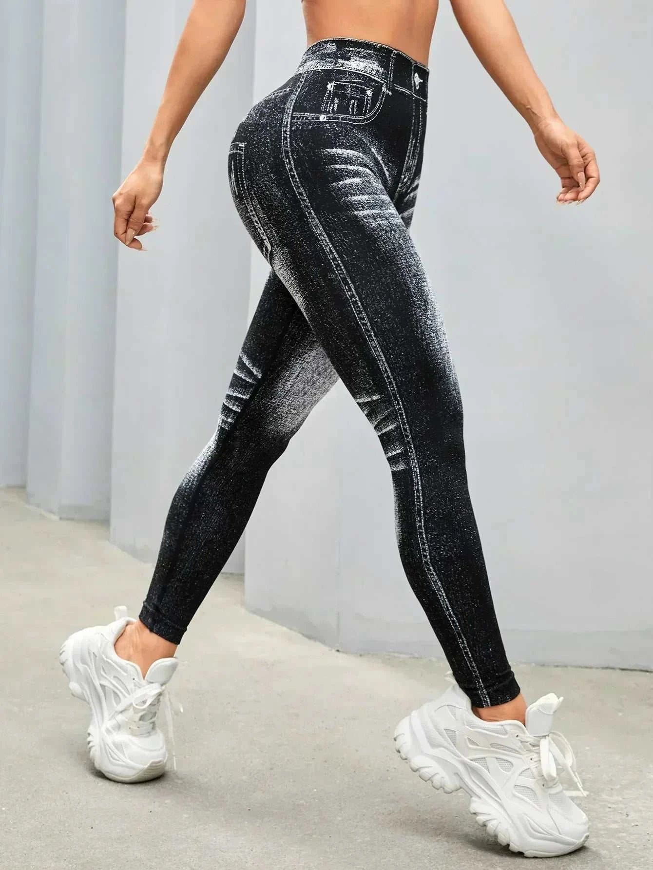 Women’s Athletic Leggings, Seamless Workout Yoga Pants, Faux Denim Look