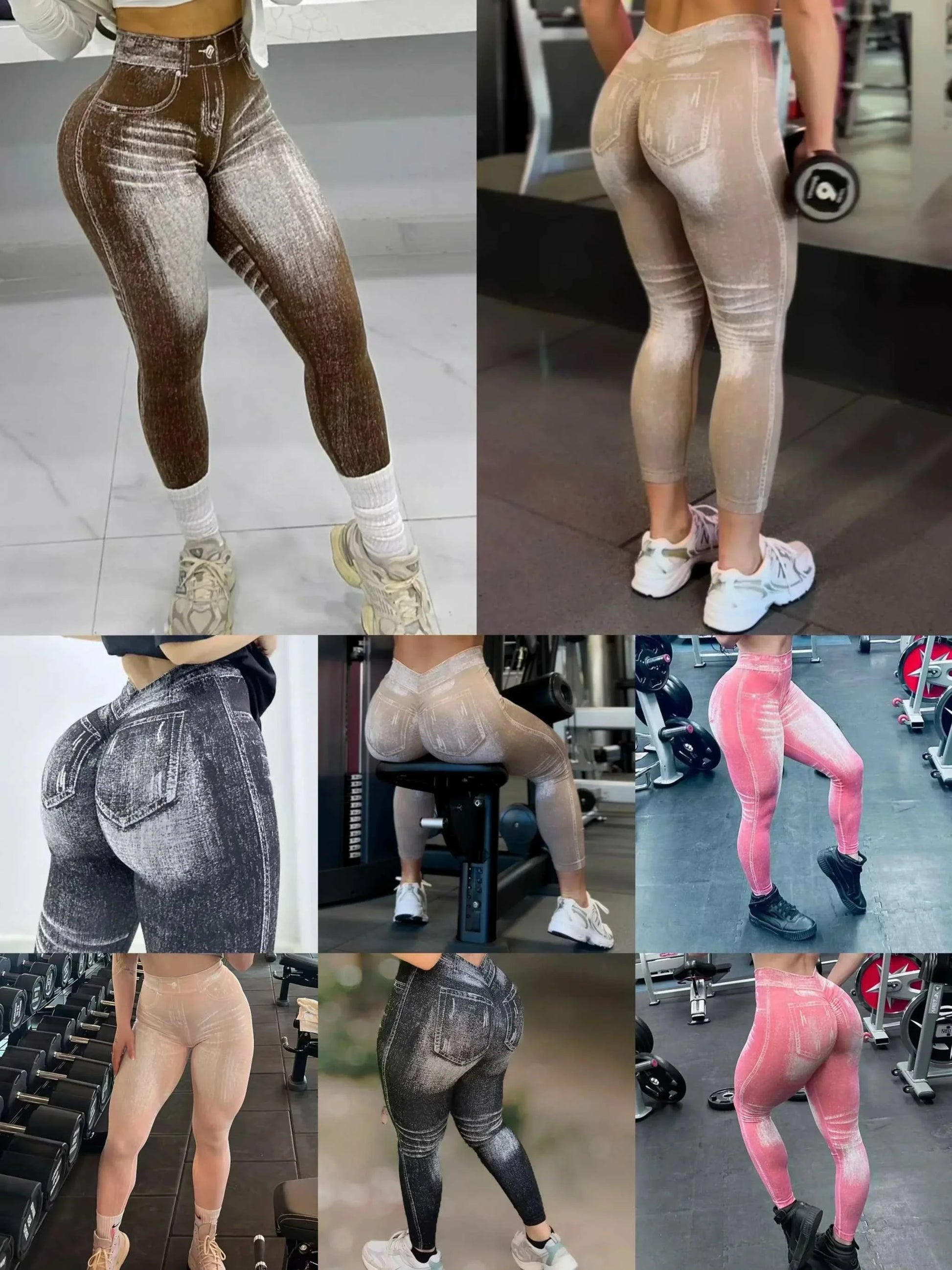 Women’s Athletic Leggings, Seamless Workout Yoga Pants, Faux Denim Look