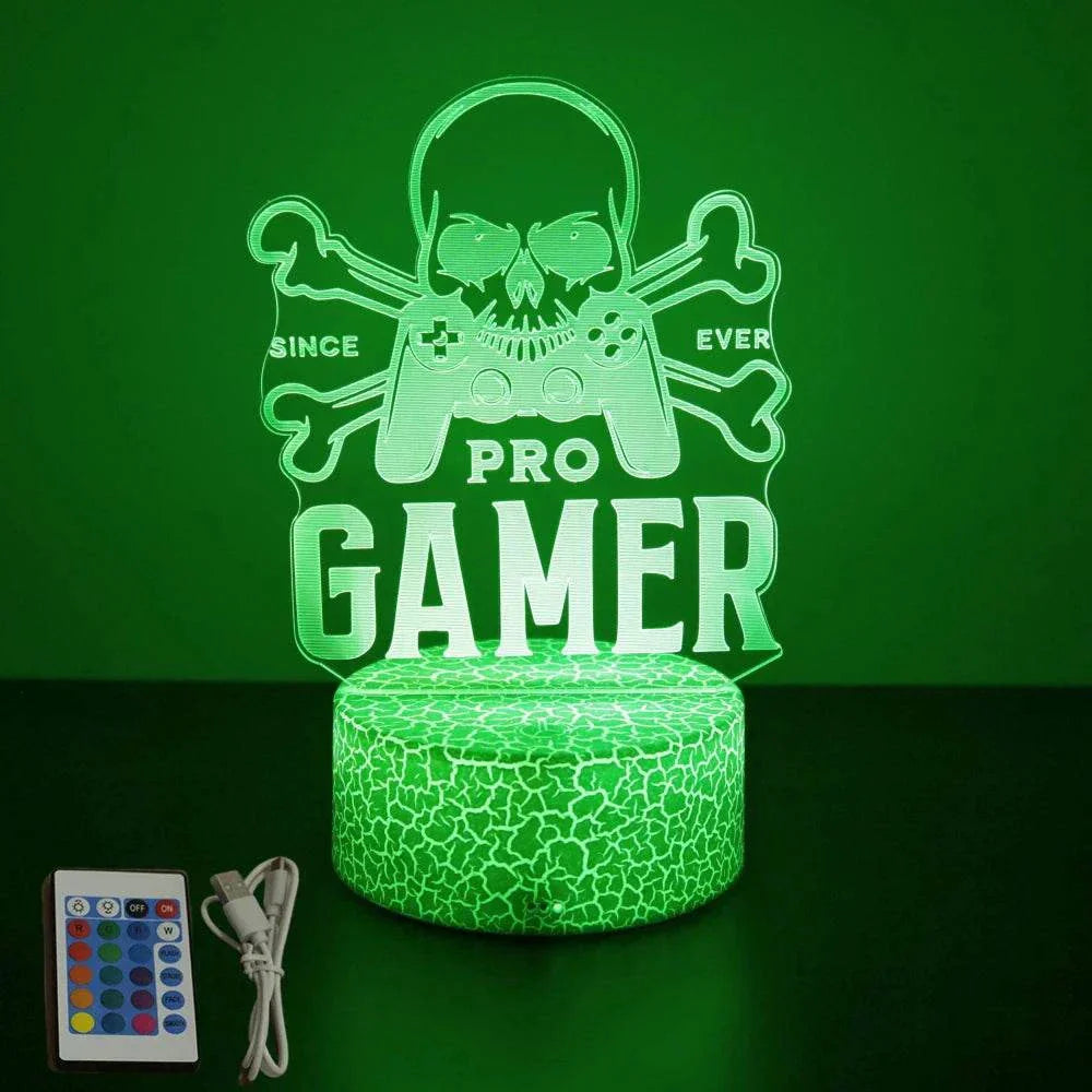 Very bright green neon gaming sign with skull, crossbones, and pro gamer text, LED 3D lamp with remote control and USB cable.