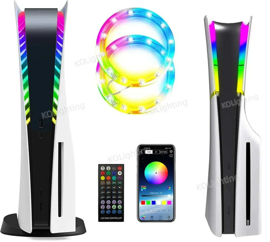 LED RGB Circle Light Strips kitLED RGB Circle Light Strips for PS5 and PS5 Slim with USB, remote, and app control for PS5 and PS5 Slim gaming atmosphere enhancement for PS5 with remote and app control, featuring multicolor rings and music sync lighting effects.