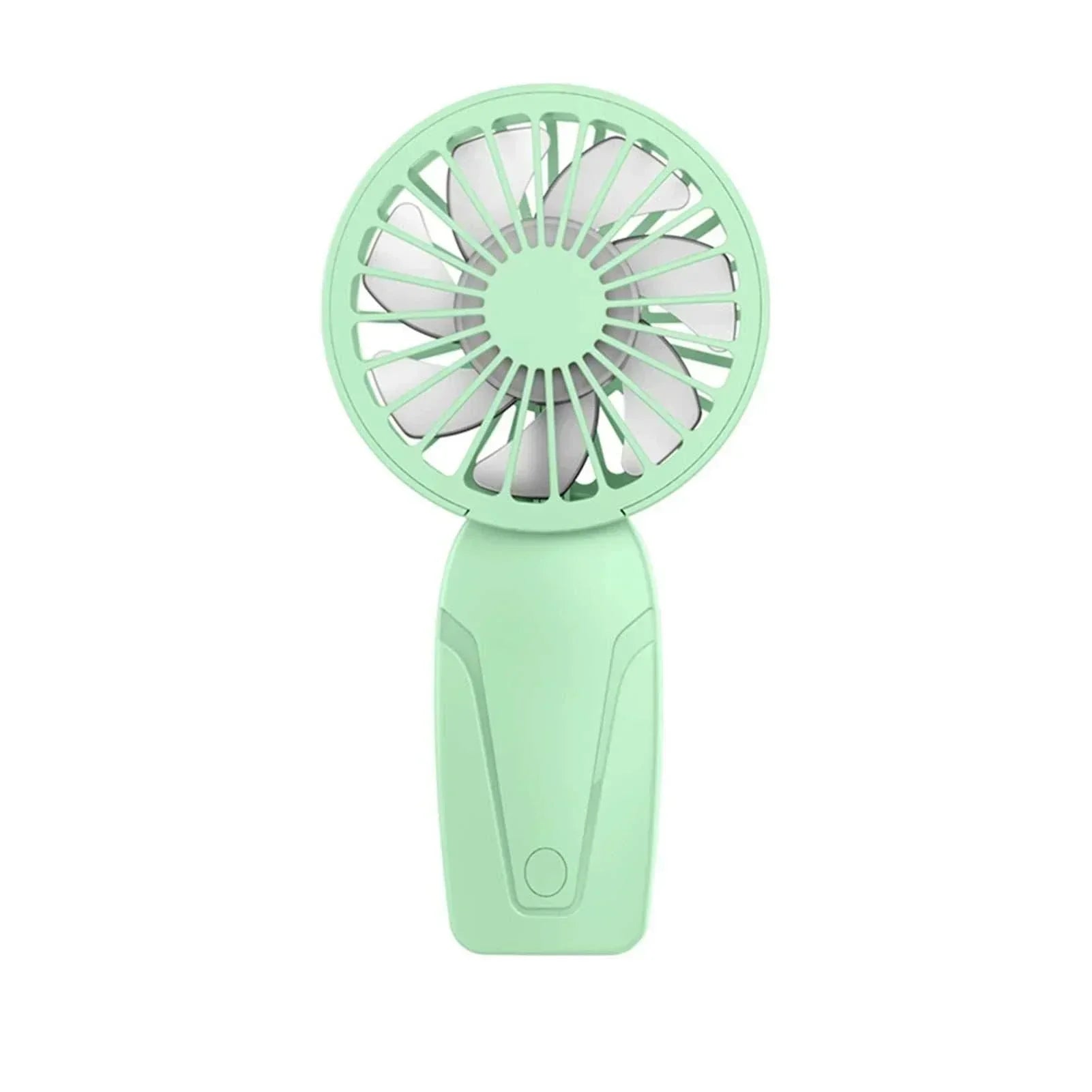 Cute portable handheld USB rechargeable fan in light green for on-the-go cooling