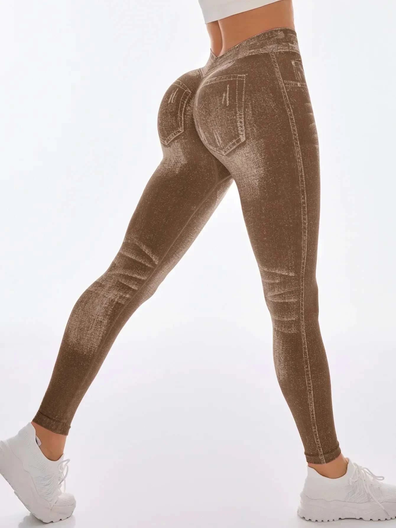 Women’s Athletic Leggings, Seamless Workout Yoga Pants, Faux Denim Look